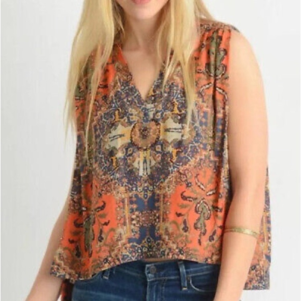 Free People Orange Paisley Sleeveless V-Neck Top